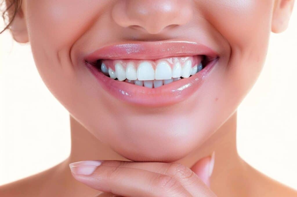 A woman smiling with her white teeth