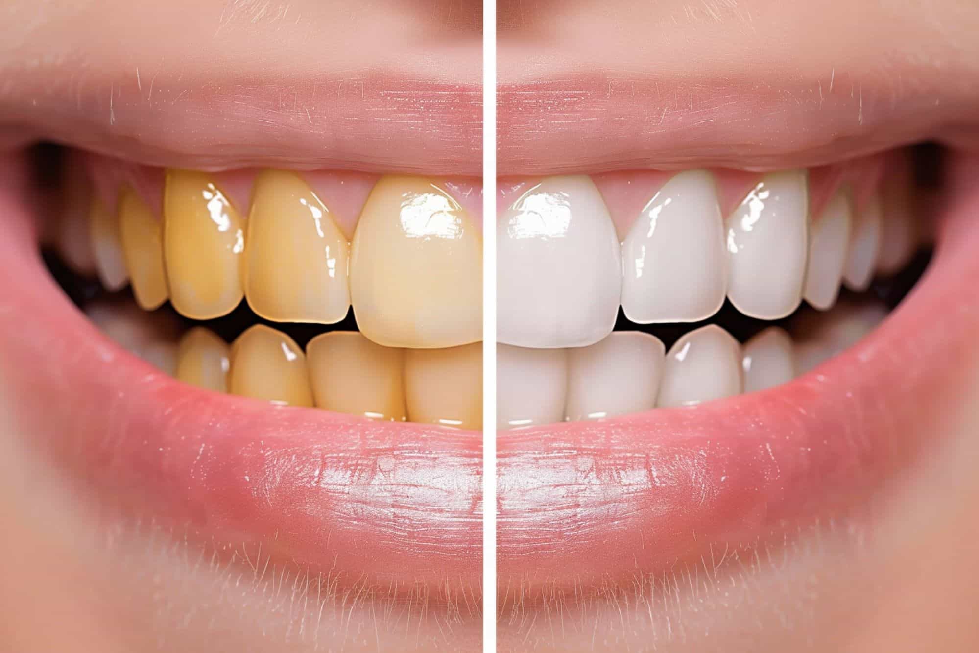 A before and after photo of teeth showing the transformation from yellowing to bright white through whitening treatment