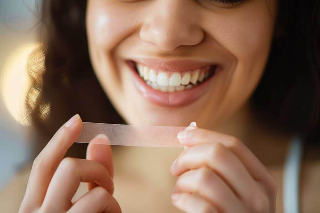 Close up of a woman smiling holding a whitening strip