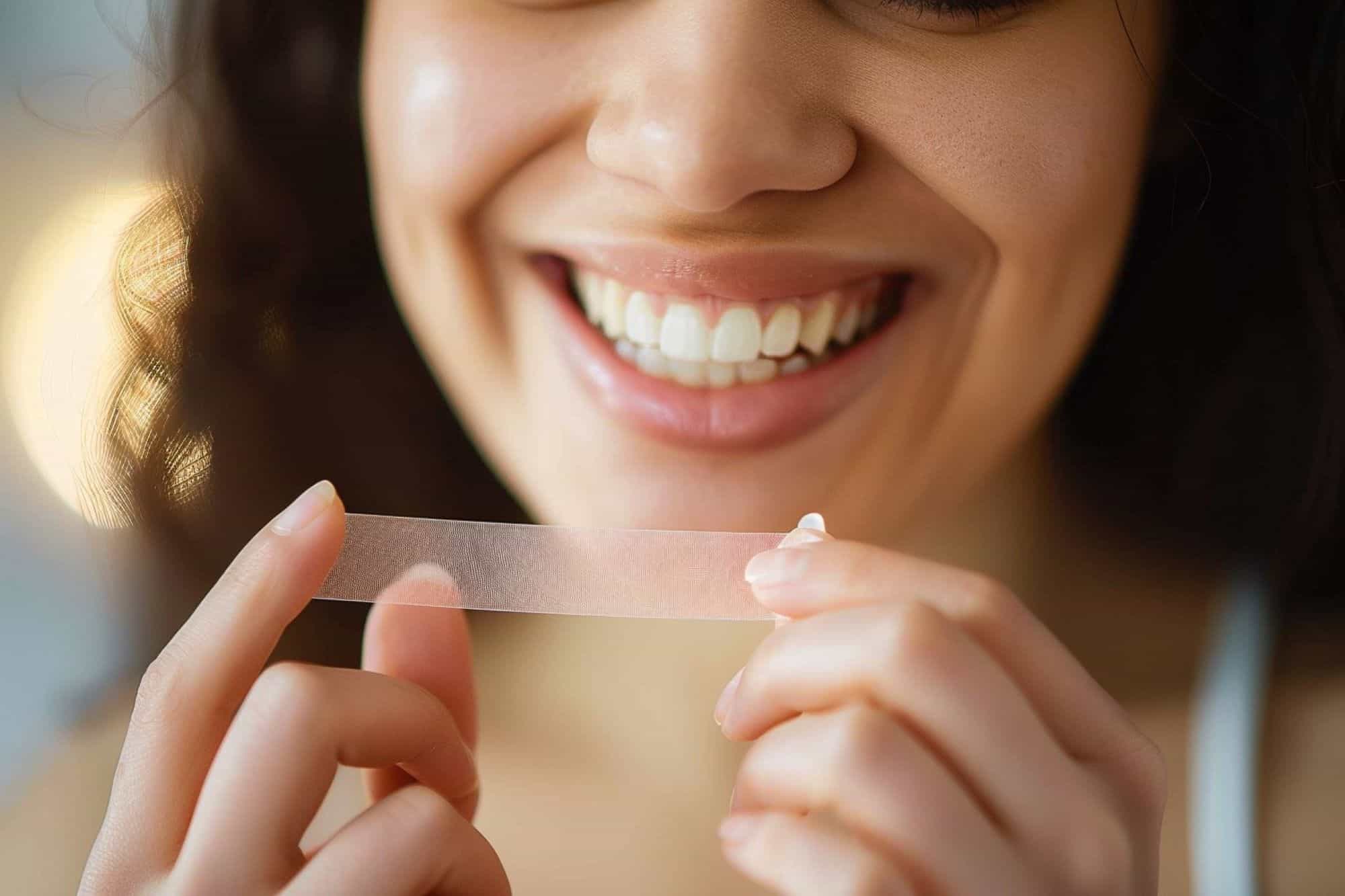 Close up of a woman smiling holding a whitening strip