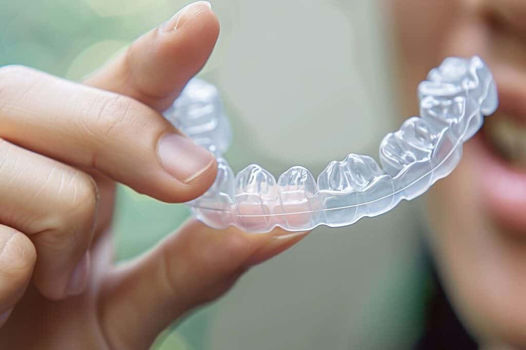 an adult's hand holding transparent dental tray for teeth whitening gel