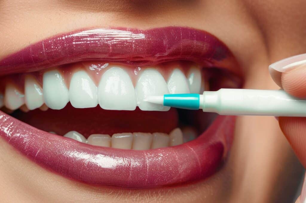A woman's mouth and a teeth-whitening pen